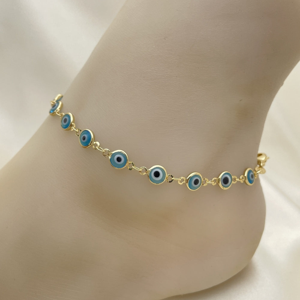 Oro Laminado Fancy Anklet, Gold Filled Style Evil Eye Design, Acqua Resin Finish, Golden Finish