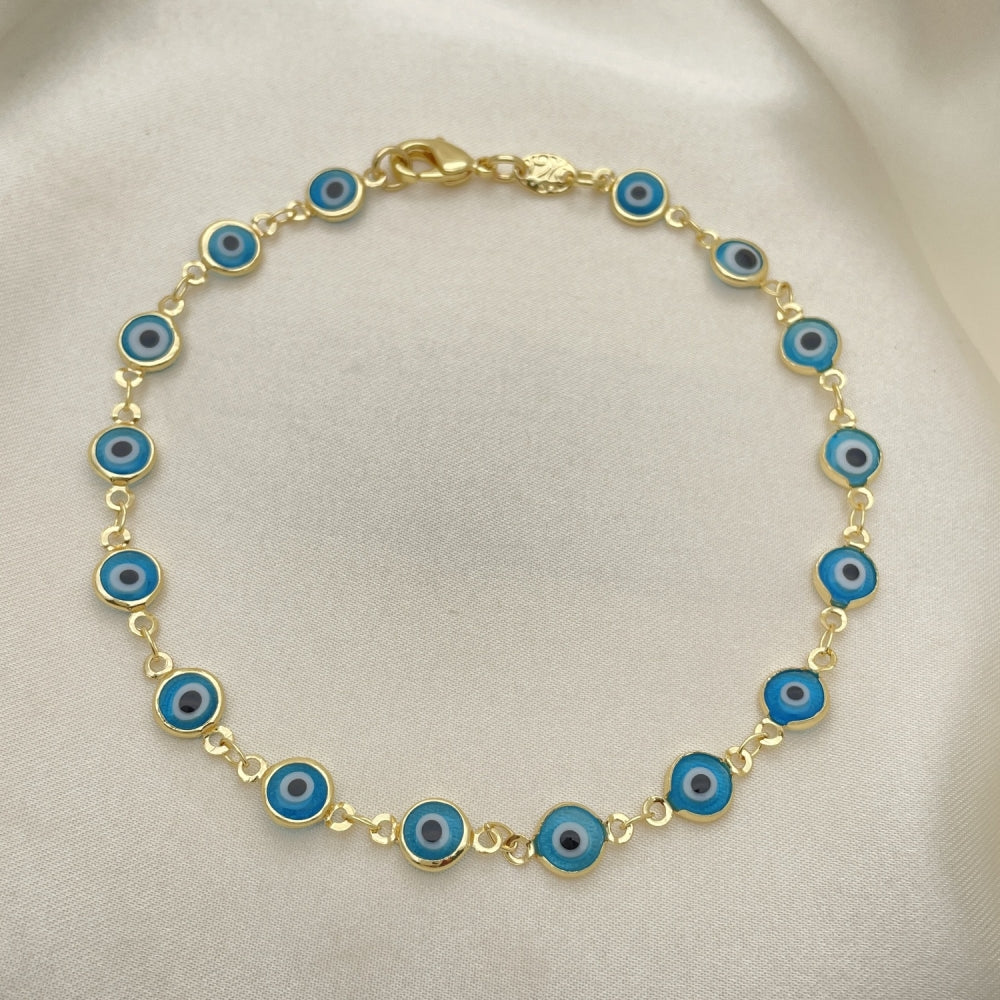 Oro Laminado Fancy Anklet, Gold Filled Style Evil Eye Design, Acqua Resin Finish, Golden Finish