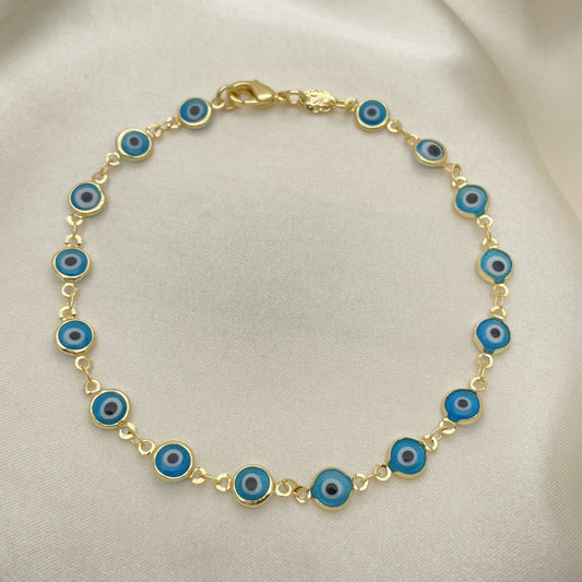 Oro Laminado Fancy Anklet, Gold Filled Style Evil Eye Design, Acqua Resin Finish, Golden Finish