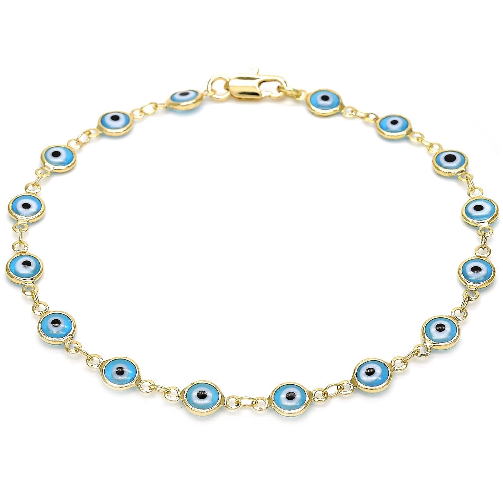 Oro Laminado Fancy Anklet, Gold Filled Style Evil Eye Design, Acqua Resin Finish, Golden Finish