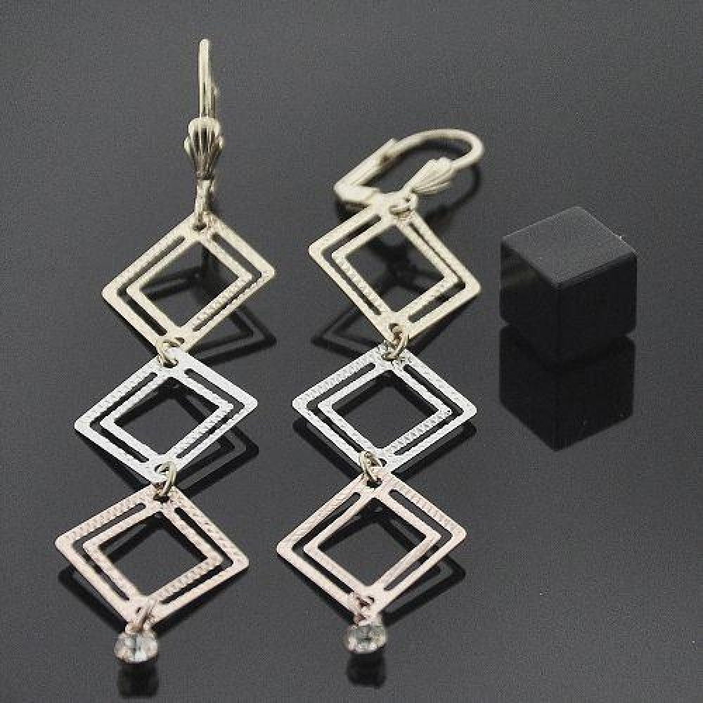Oro Laminado Long Earring, Gold Filled Style with White Cubic Zirconia, Diamond Cutting Finish, Tricolor