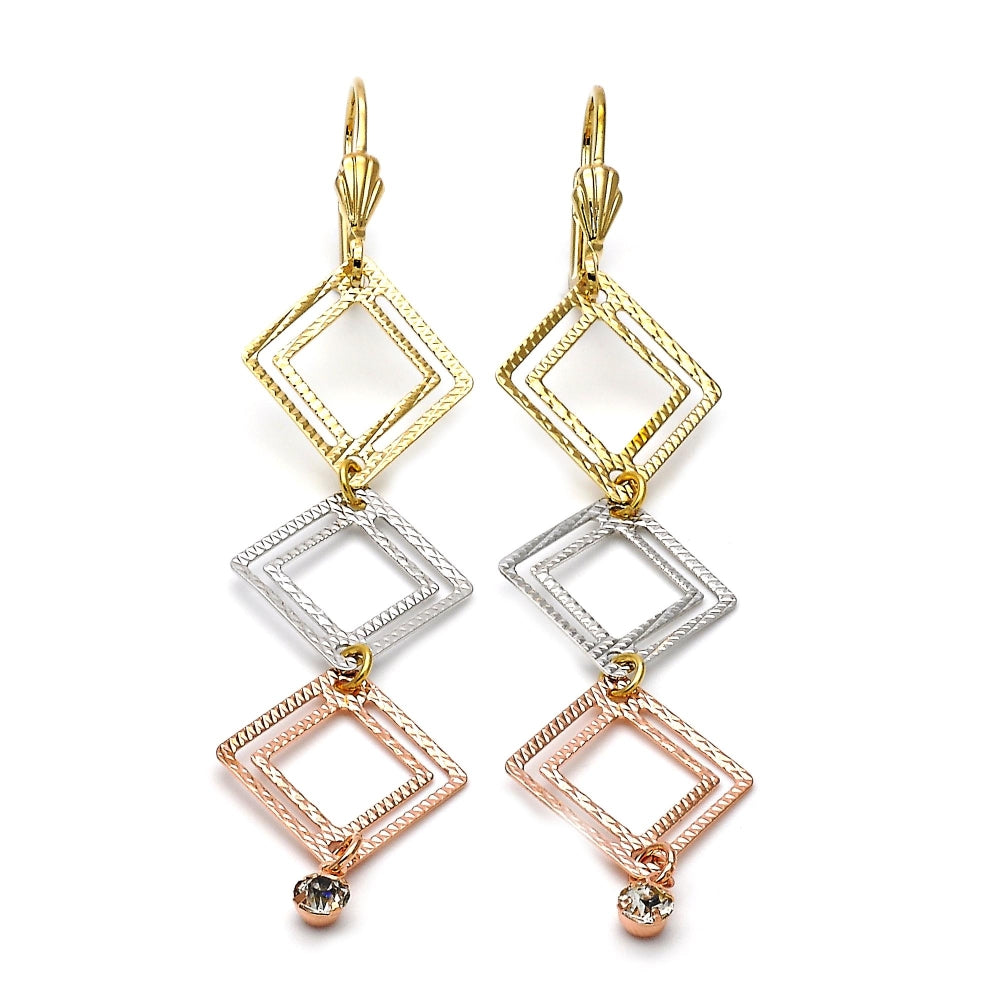 Oro Laminado Long Earring, Gold Filled Style with White Cubic Zirconia, Diamond Cutting Finish, Tricolor
