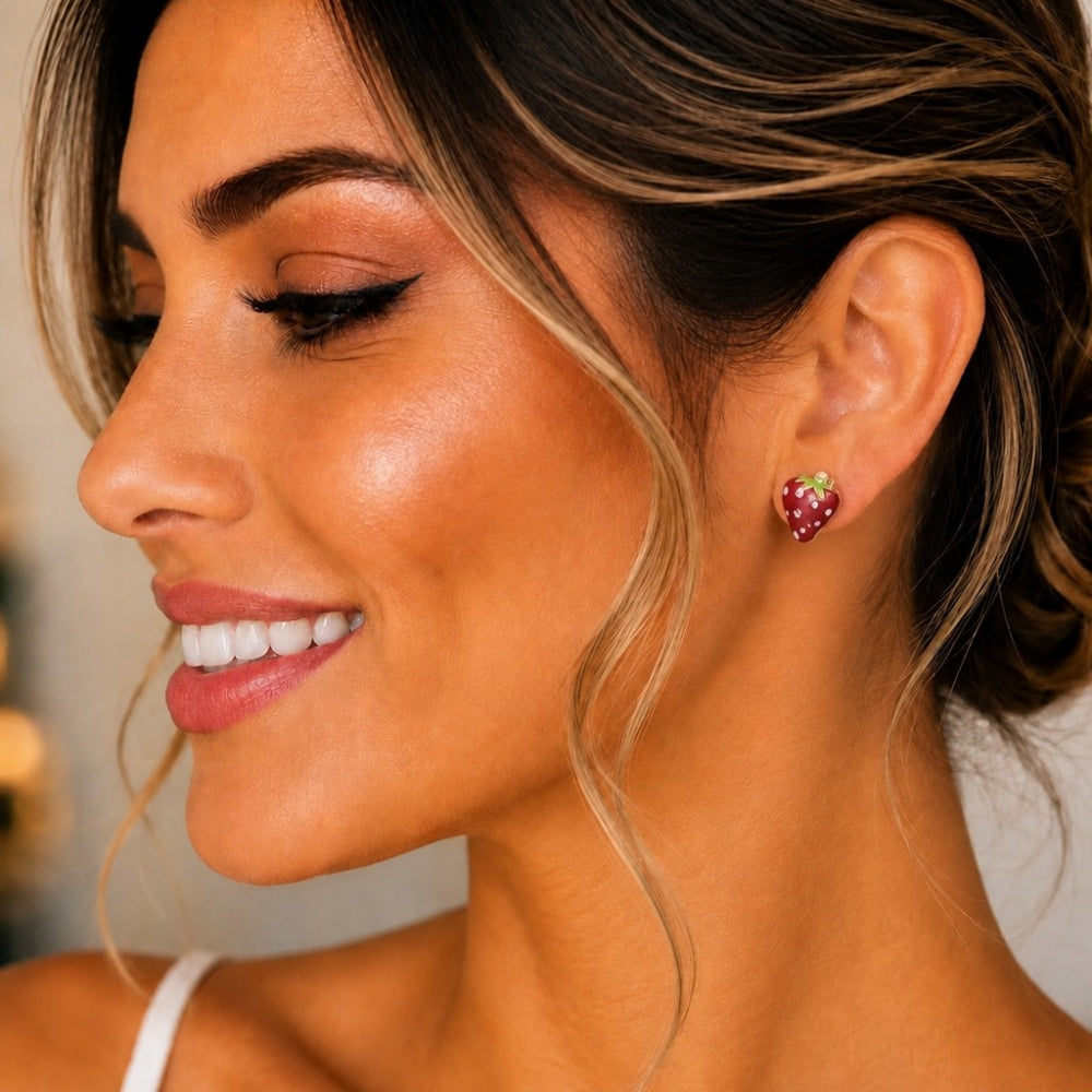 Oro Laminado Stud Earring, Gold Filled Style Strawberry Design, Multicolor Enamel Finish, Golden Finish