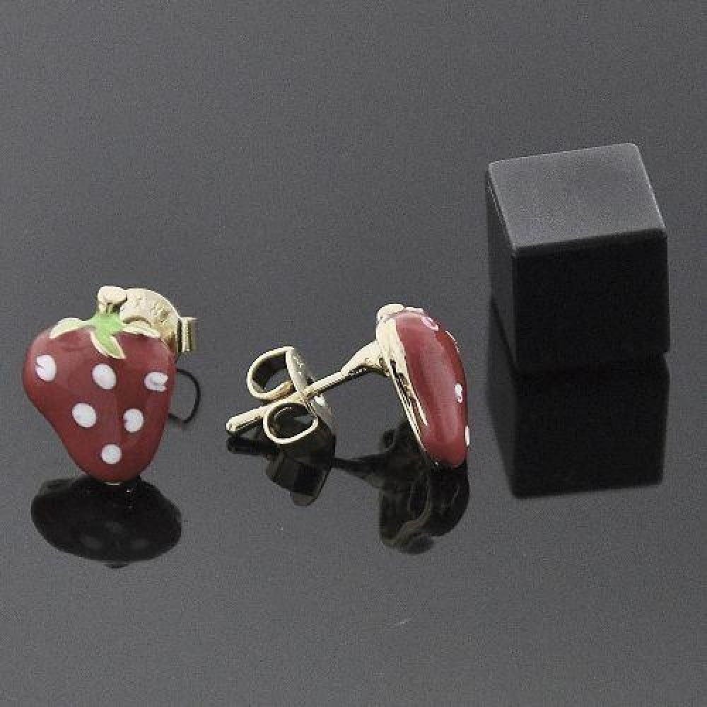Oro Laminado Stud Earring, Gold Filled Style Strawberry Design, Multicolor Enamel Finish, Golden Finish