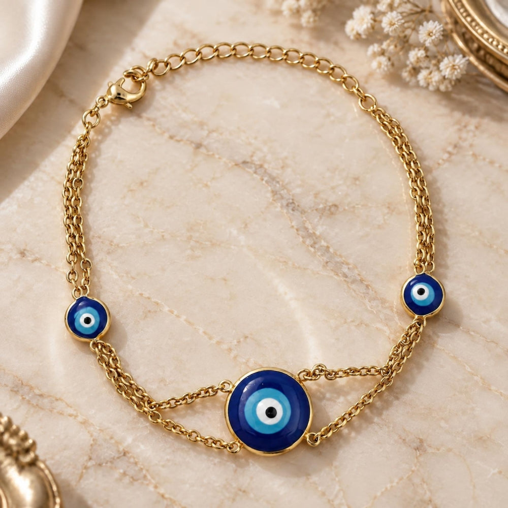 Oro Laminado Fancy Bracelet, Gold Filled Style Evil Eye Design, with Sapphire Blue Opal, Polished, Golden Finish