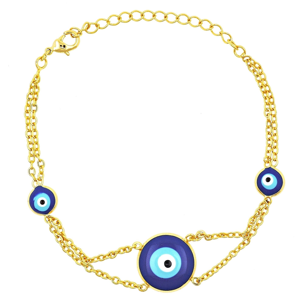 Oro Laminado Fancy Bracelet, Gold Filled Style Evil Eye Design, with Sapphire Blue Opal, Polished, Golden Finish