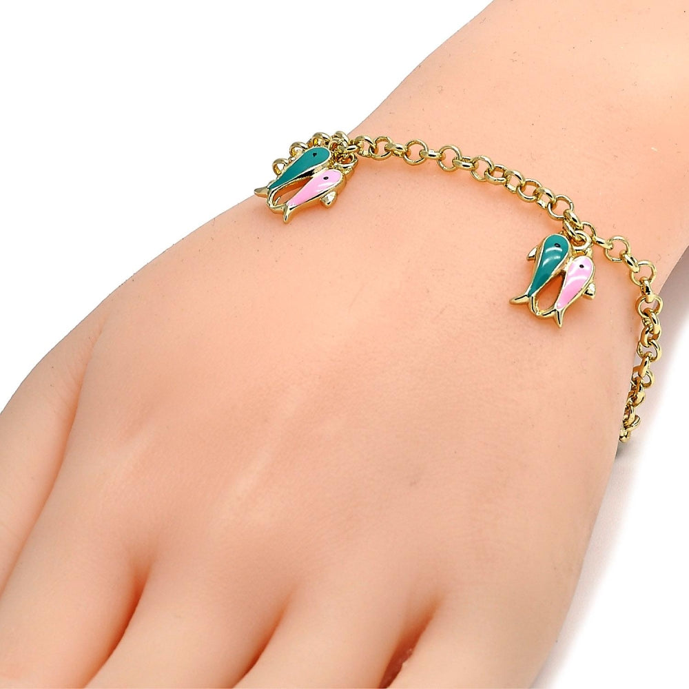 Oro Laminado Charm Bracelet, Gold Filled Style Fish and Rolo Design, Multicolor Enamel Finish, Golden Finish