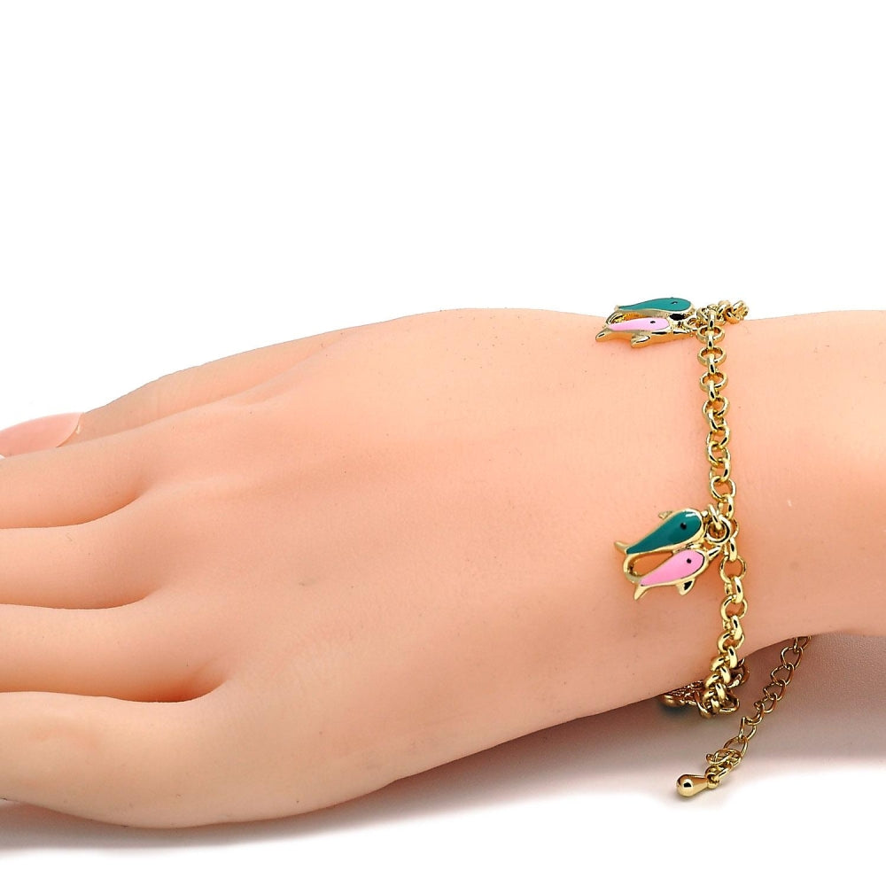Oro Laminado Charm Bracelet, Gold Filled Style Fish and Rolo Design, Multicolor Enamel Finish, Golden Finish
