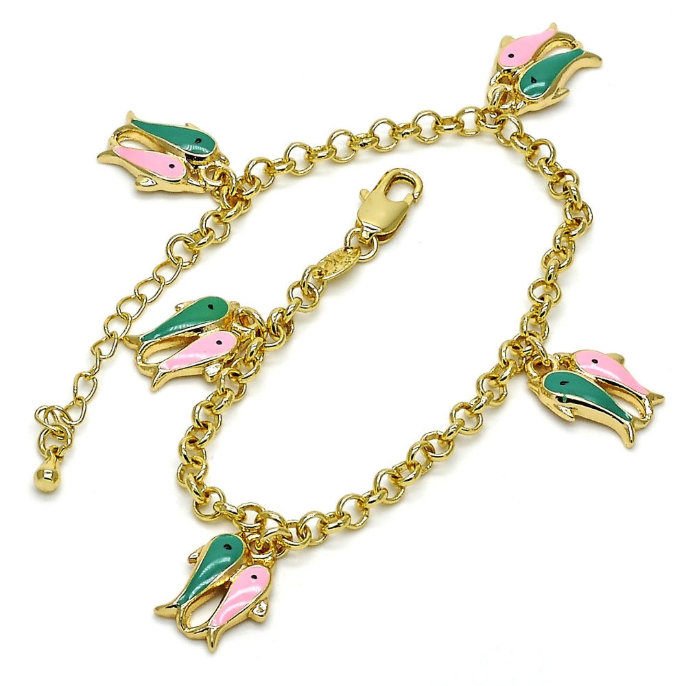 Oro Laminado Charm Bracelet, Gold Filled Style Fish and Rolo Design, Multicolor Enamel Finish, Golden Finish