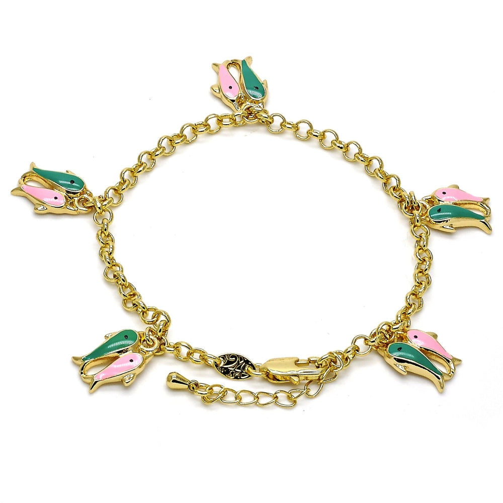 Oro Laminado Charm Bracelet, Gold Filled Style Fish and Rolo Design, Multicolor Enamel Finish, Golden Finish