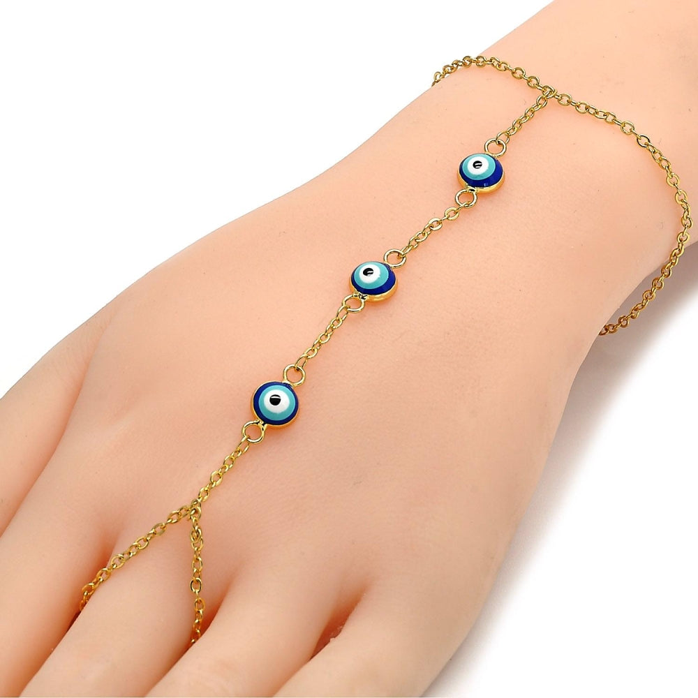 Oro Laminado Fancy Bracelet, Gold Filled Style Evil Eye and Rolo Design, Blue Enamel Finish, Golden Finish
