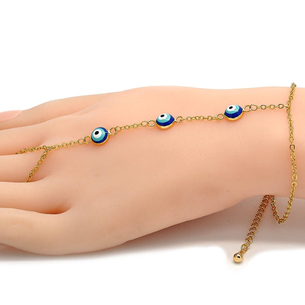 Oro Laminado Fancy Bracelet, Gold Filled Style Evil Eye and Rolo Design, Blue Enamel Finish, Golden Finish
