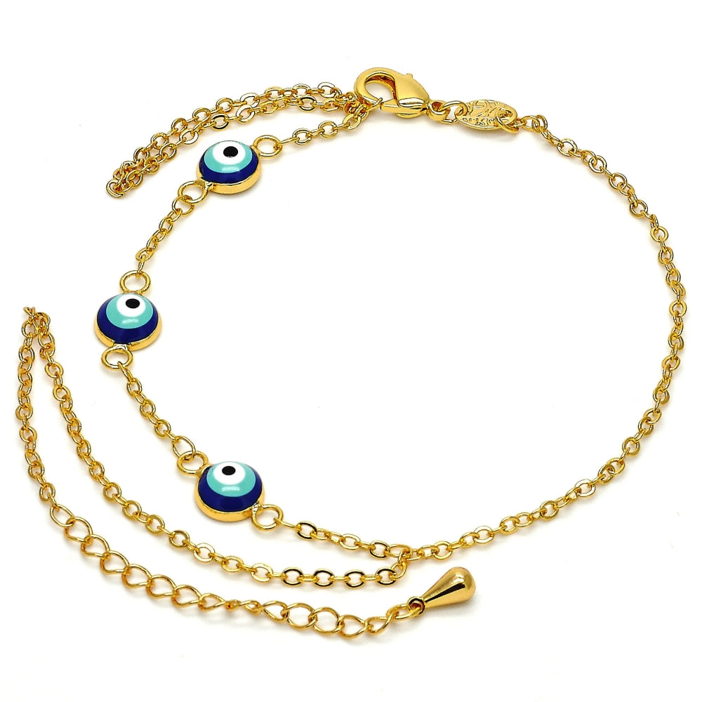Oro Laminado Fancy Bracelet, Gold Filled Style Evil Eye and Rolo Design, Blue Enamel Finish, Golden Finish