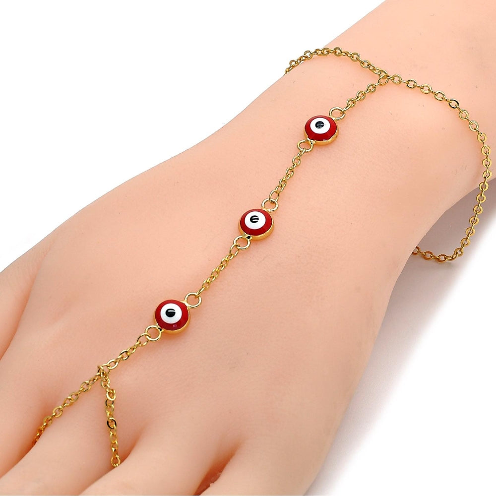 Oro Laminado Fancy Bracelet, Gold Filled Style Evil Eye and Rolo Design, Red Enamel Finish, Golden Finish