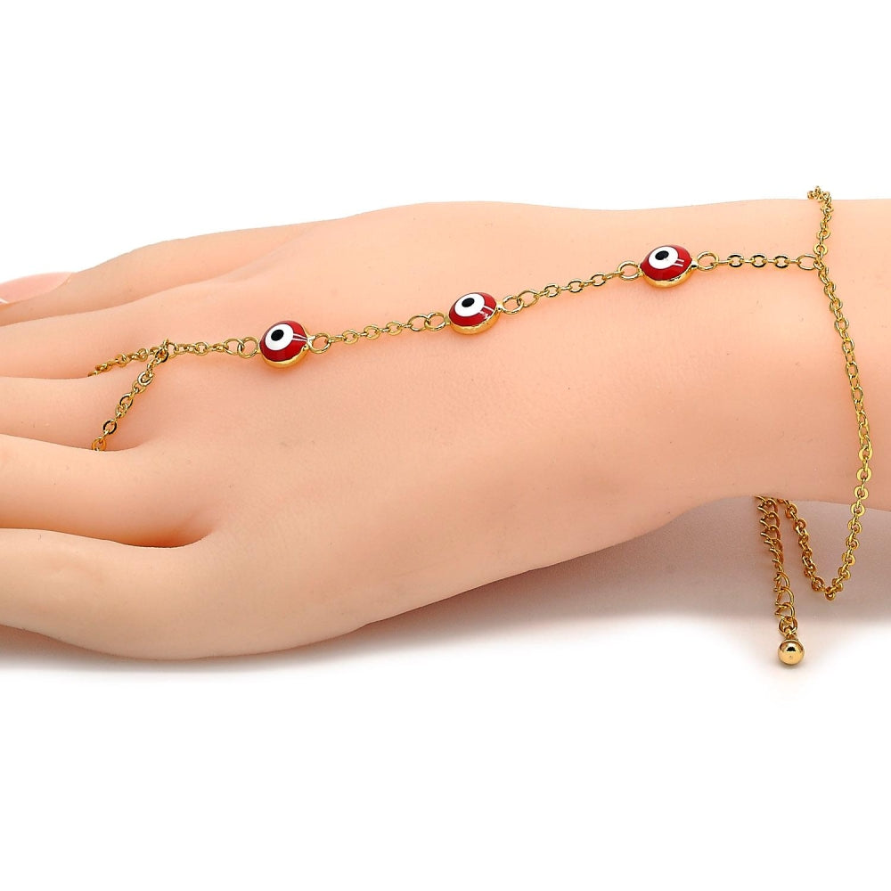 Oro Laminado Fancy Bracelet, Gold Filled Style Evil Eye and Rolo Design, Red Enamel Finish, Golden Finish