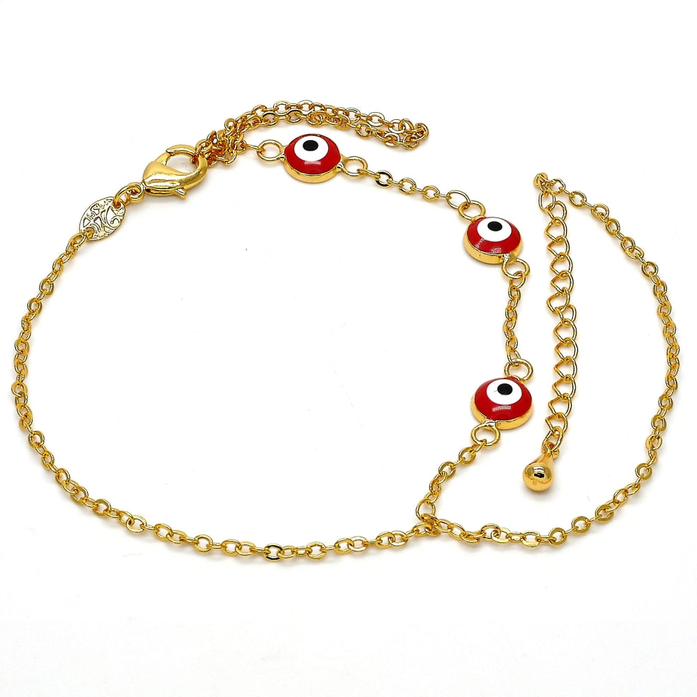 Oro Laminado Fancy Bracelet, Gold Filled Style Evil Eye and Rolo Design, Red Enamel Finish, Golden Finish