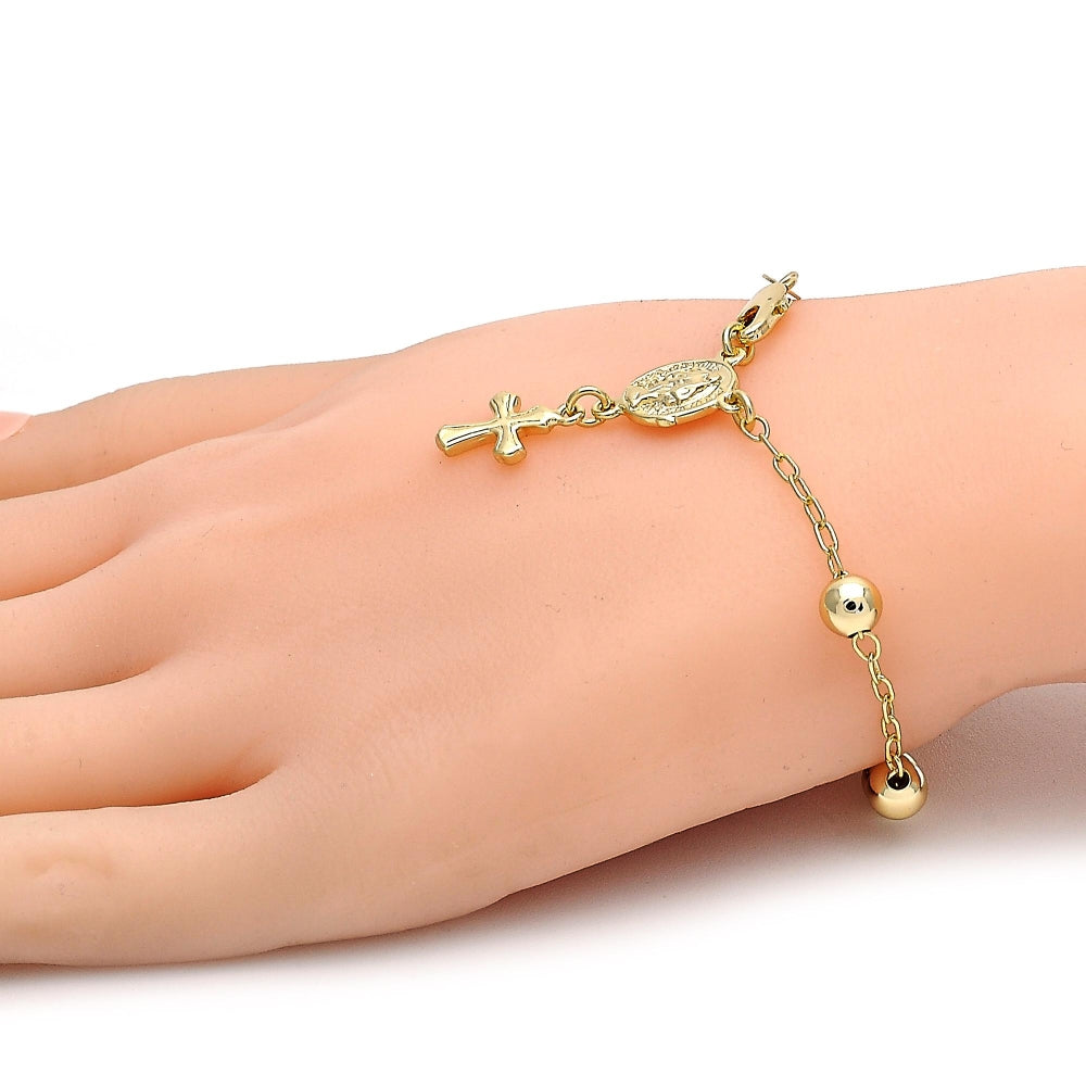 Oro Laminado Bracelet Rosary, Gold Filled Style Virgen Maria and Cross Design, Polished, Golden Finish