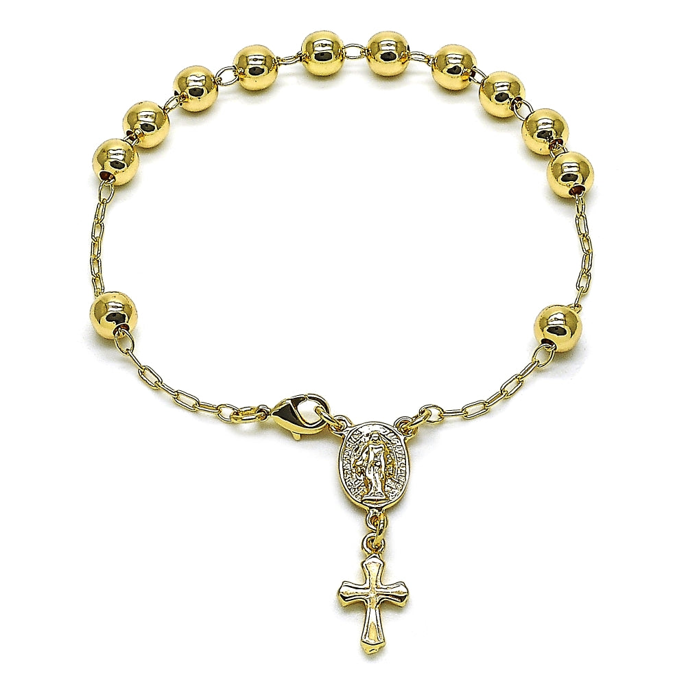 Oro Laminado Bracelet Rosary, Gold Filled Style Virgen Maria and Cross Design, Polished, Golden Finish