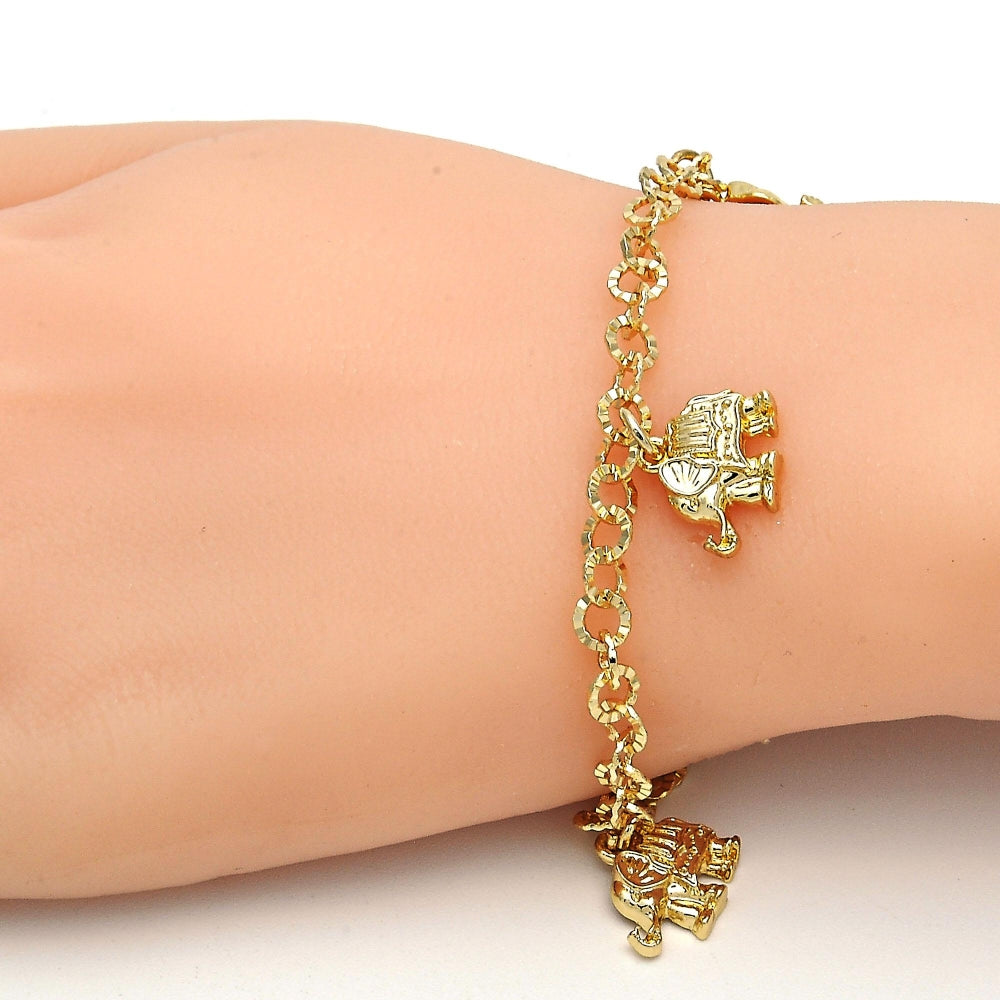 Oro Laminado Charm Bracelet, Gold Filled Style Elephant Design, Diamond Cutting Finish, Golden Finish