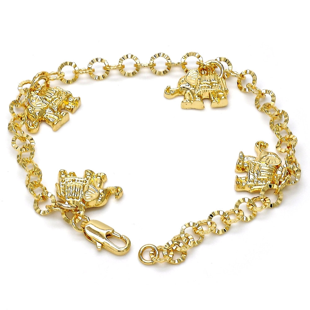 Oro Laminado Charm Bracelet, Gold Filled Style Elephant Design, Diamond Cutting Finish, Golden Finish