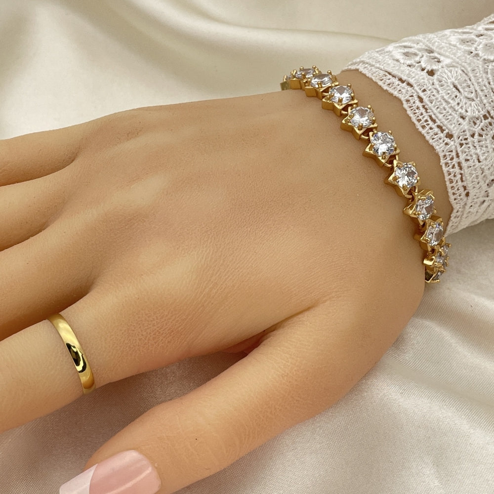 Oro Laminado Tennis Bracelet, Gold Filled Style Star Design, with White Cubic Zirconia, Polished, Golden Finish