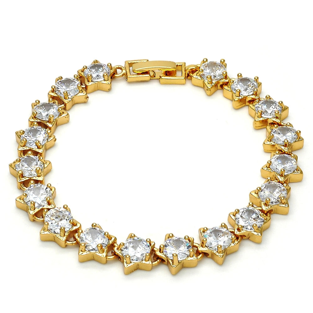 Oro Laminado Tennis Bracelet, Gold Filled Style Star Design, with White Cubic Zirconia, Polished, Golden Finish