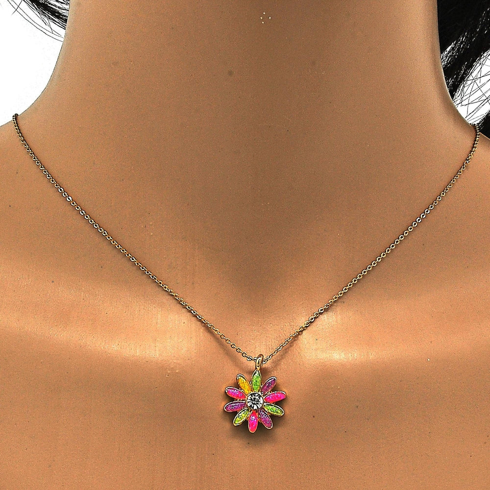 Oro Laminado Pendant Necklace, Gold Filled Style Flower Design, with White Crystal, Multicolor Enamel Finish, Golden Finish