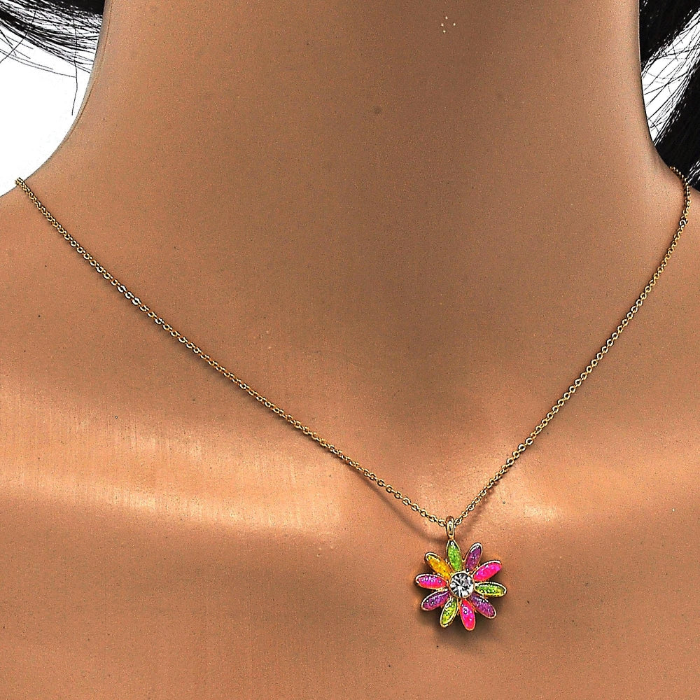 Oro Laminado Pendant Necklace, Gold Filled Style Flower Design, with White Crystal, Multicolor Enamel Finish, Golden Finish