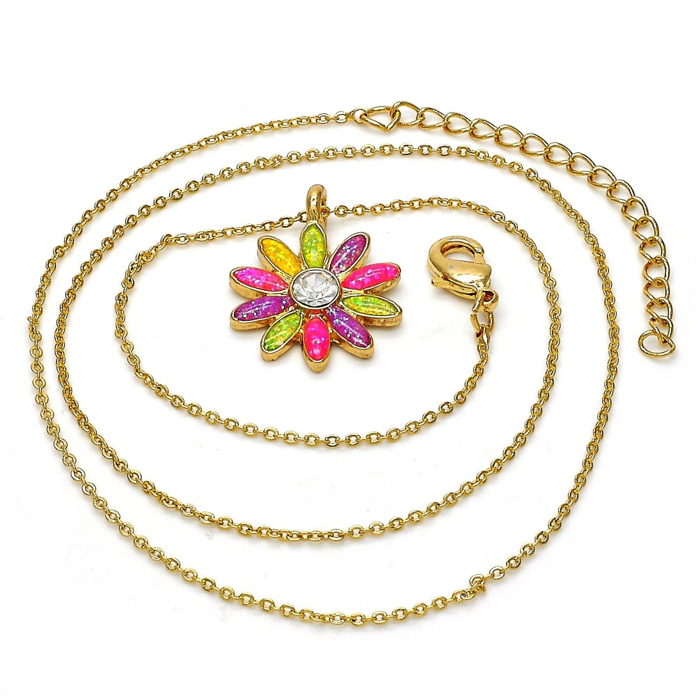 Oro Laminado Pendant Necklace, Gold Filled Style Flower Design, with White Crystal, Multicolor Enamel Finish, Golden Finish