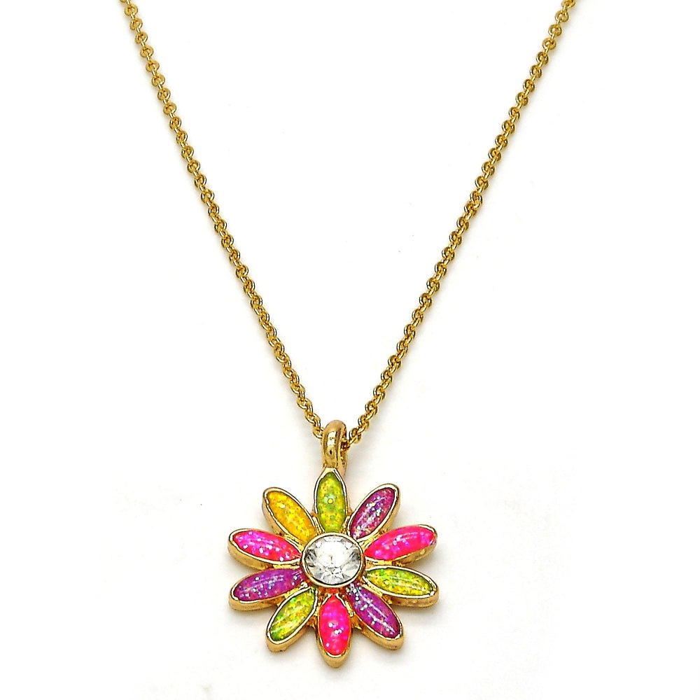 Oro Laminado Pendant Necklace, Gold Filled Style Flower Design, with White Crystal, Multicolor Enamel Finish, Golden Finish