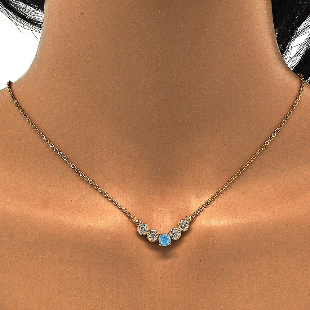 Oro Laminado Pendant Necklace, Gold Filled Style with Aqua Blue and White Cubic Zirconia, Polished, Golden Finish