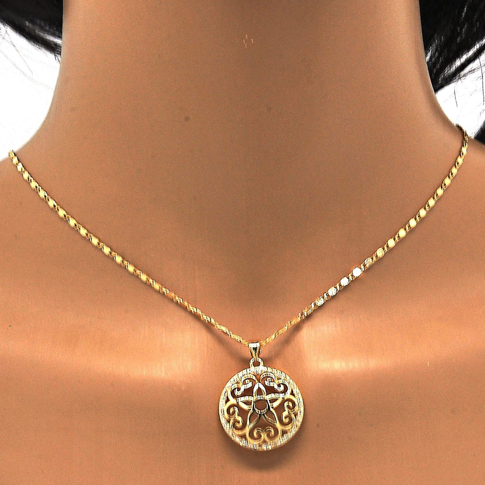 Oro Laminado Pendant Necklace, Gold Filled Style Flower Design, with White Micro Pave, Polished, Golden Finish