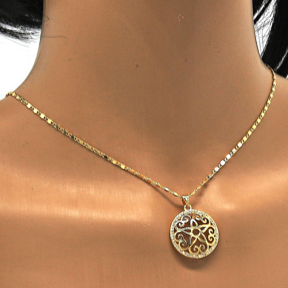 Oro Laminado Pendant Necklace, Gold Filled Style Flower Design, with White Micro Pave, Polished, Golden Finish