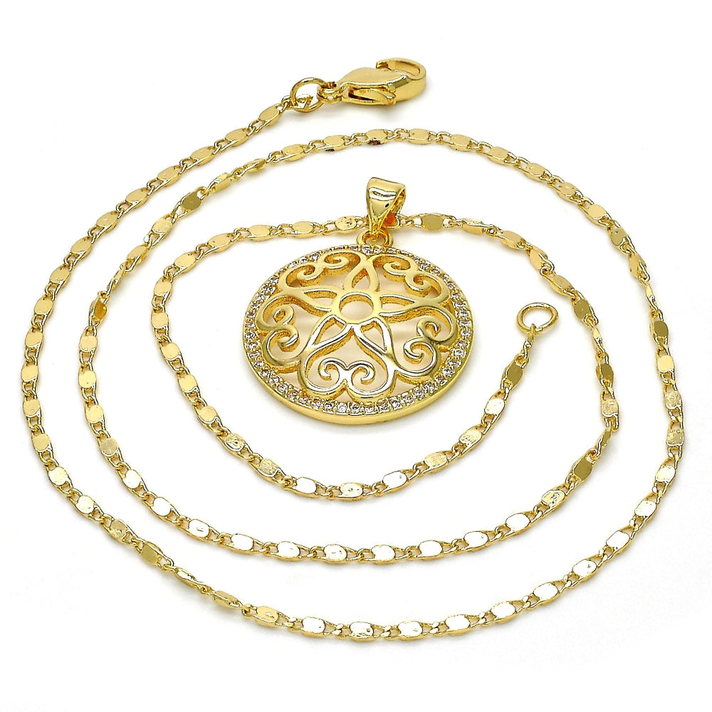 Oro Laminado Pendant Necklace, Gold Filled Style Flower Design, with White Micro Pave, Polished, Golden Finish