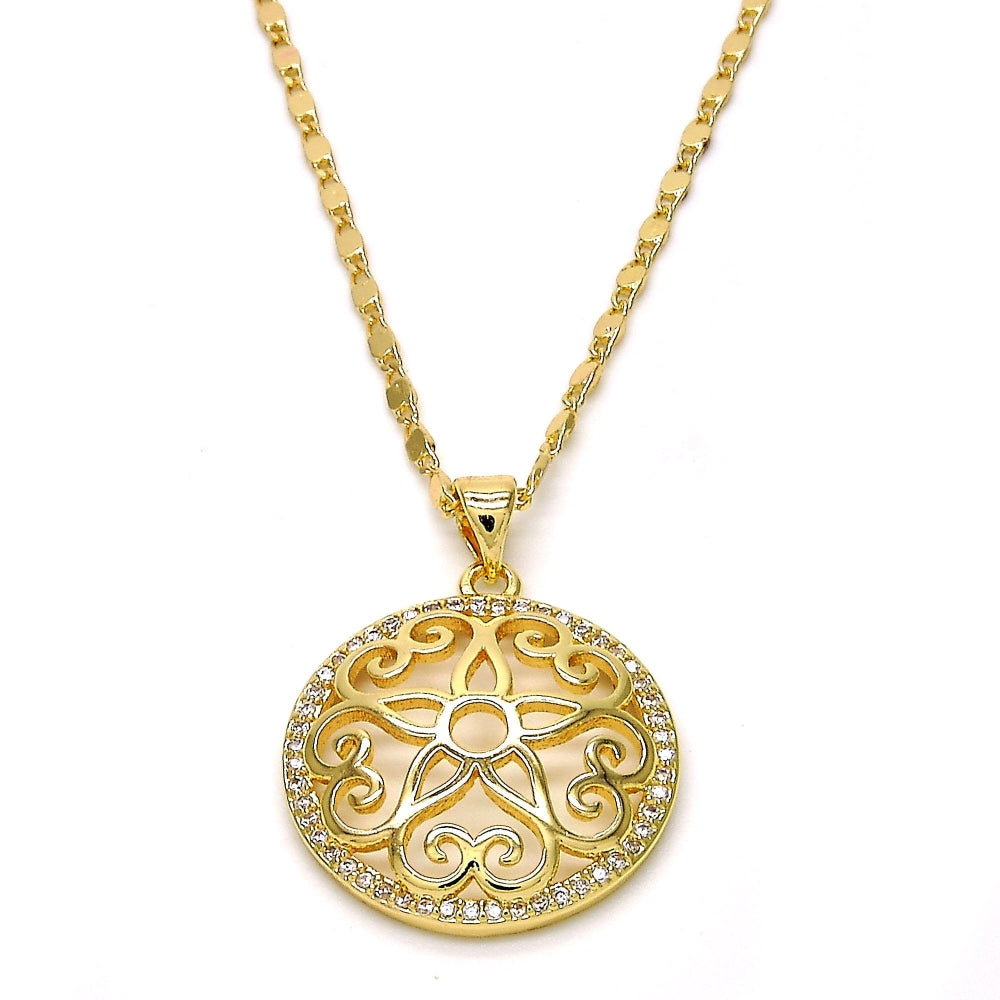 Oro Laminado Pendant Necklace, Gold Filled Style Flower Design, with White Micro Pave, Polished, Golden Finish