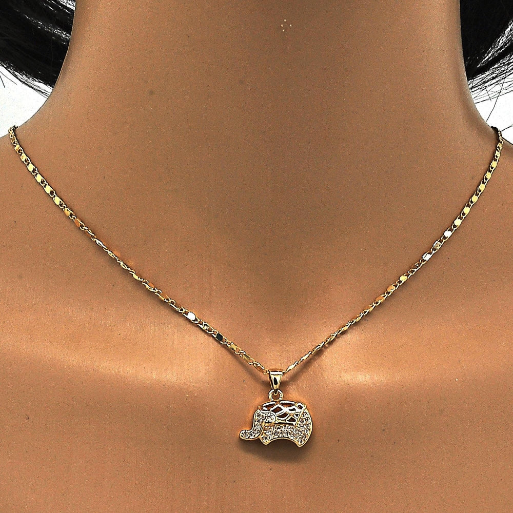 Oro Laminado Pendant Necklace, Gold Filled Style Elephant Design, with White Micro Pave, Polished, Golden Finish