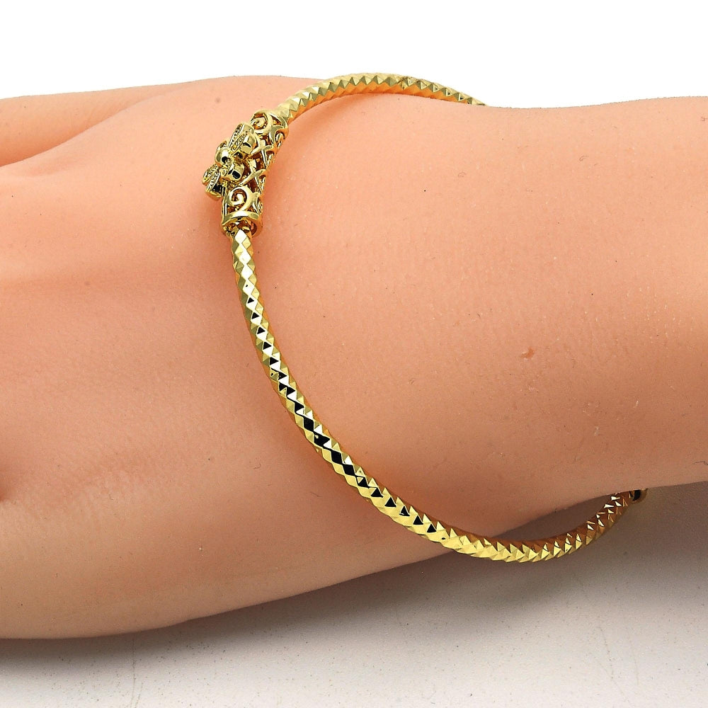 Oro Laminado Individual Bangle, Gold Filled Style Flower Design, with White Micro Pave, Diamond Cutting Finish, Golden Finish