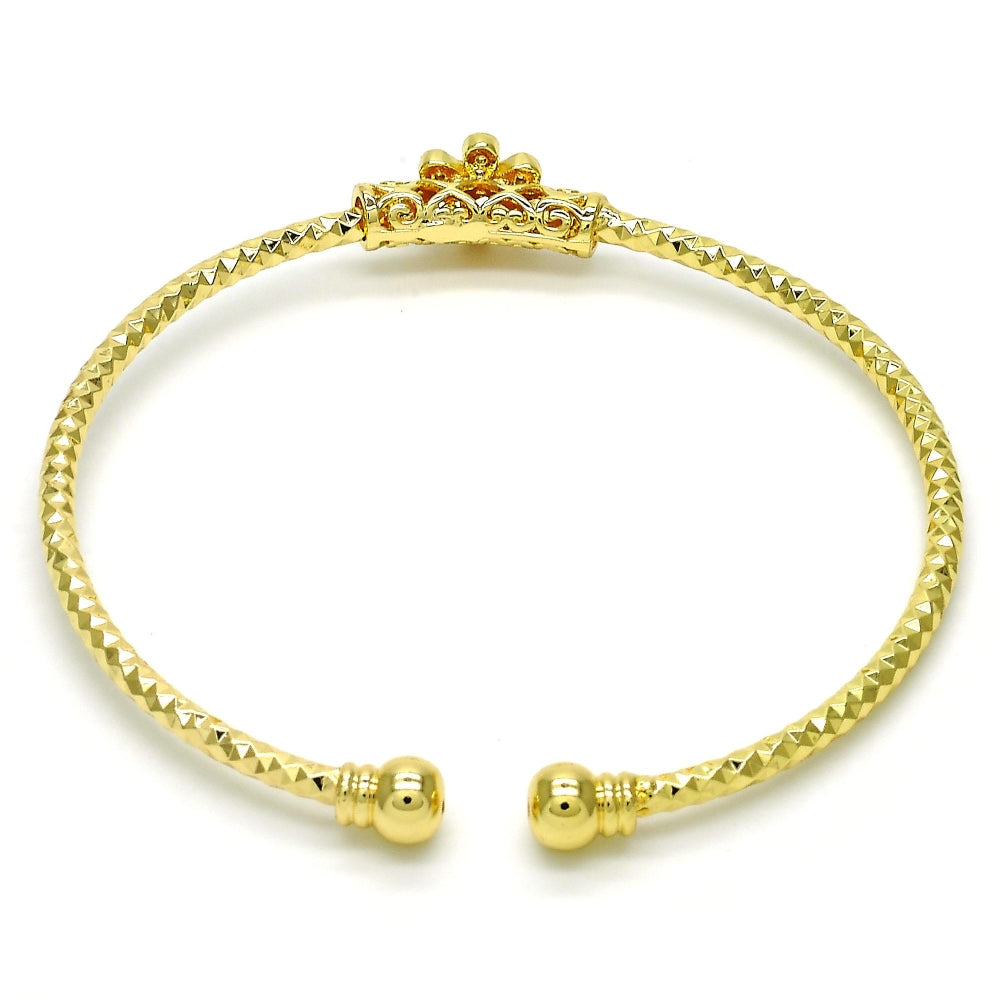 Oro Laminado Individual Bangle, Gold Filled Style Flower Design, with White Micro Pave, Diamond Cutting Finish, Golden Finish