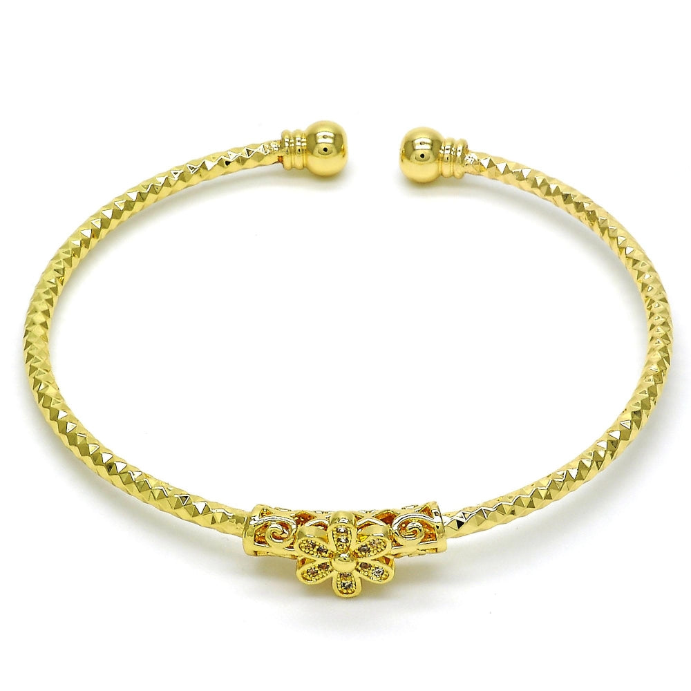 Oro Laminado Individual Bangle, Gold Filled Style Flower Design, with White Micro Pave, Diamond Cutting Finish, Golden Finish
