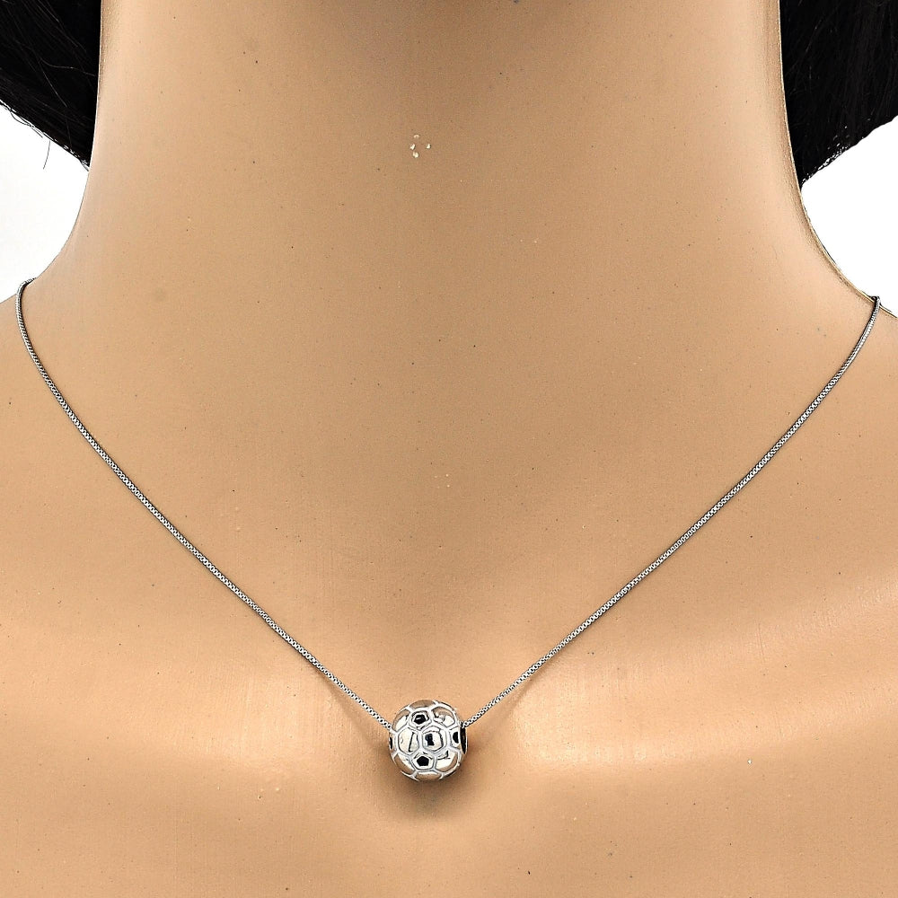 Rhodium Gold Filled Pendant Necklace, Ball Design, Black Enamel Finish, Rhodium Finish