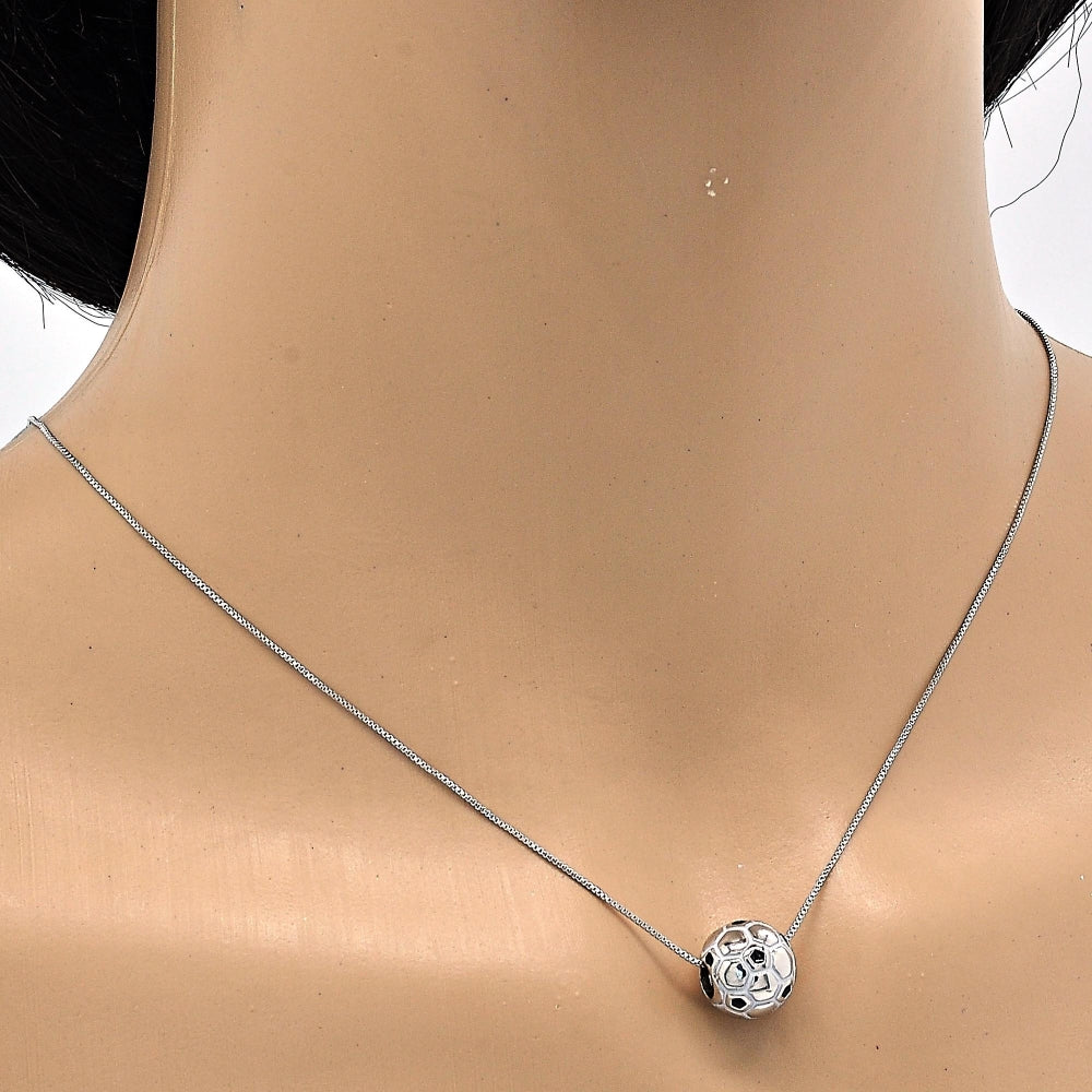 Rhodium Gold Filled Pendant Necklace, Ball Design, Black Enamel Finish, Rhodium Finish