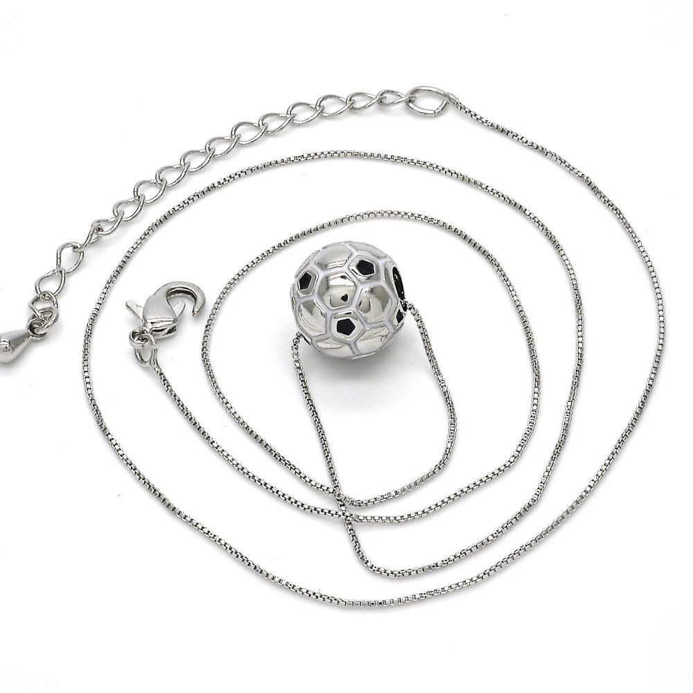 Rhodium Gold Filled Pendant Necklace, Ball Design, Black Enamel Finish, Rhodium Finish
