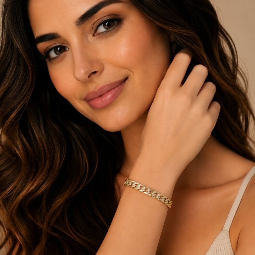 Oro Laminado Basic Bracelet, Gold Filled Style Pave Cuban Design, Polished, Golden Finish