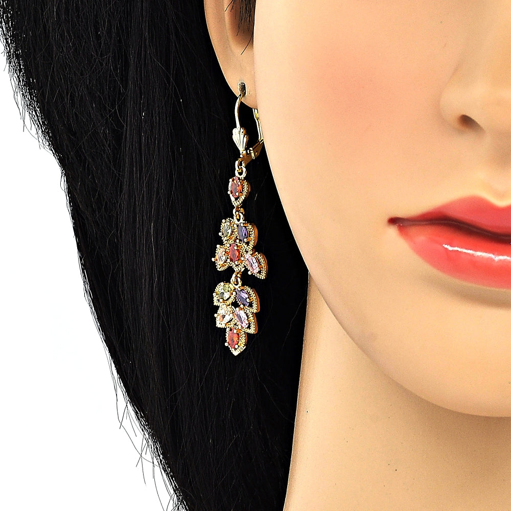 Oro Laminado Long Earring, Gold Filled Style Leaf Design, with Multicolor Cubic Zirconia, Polished, Golden Finish