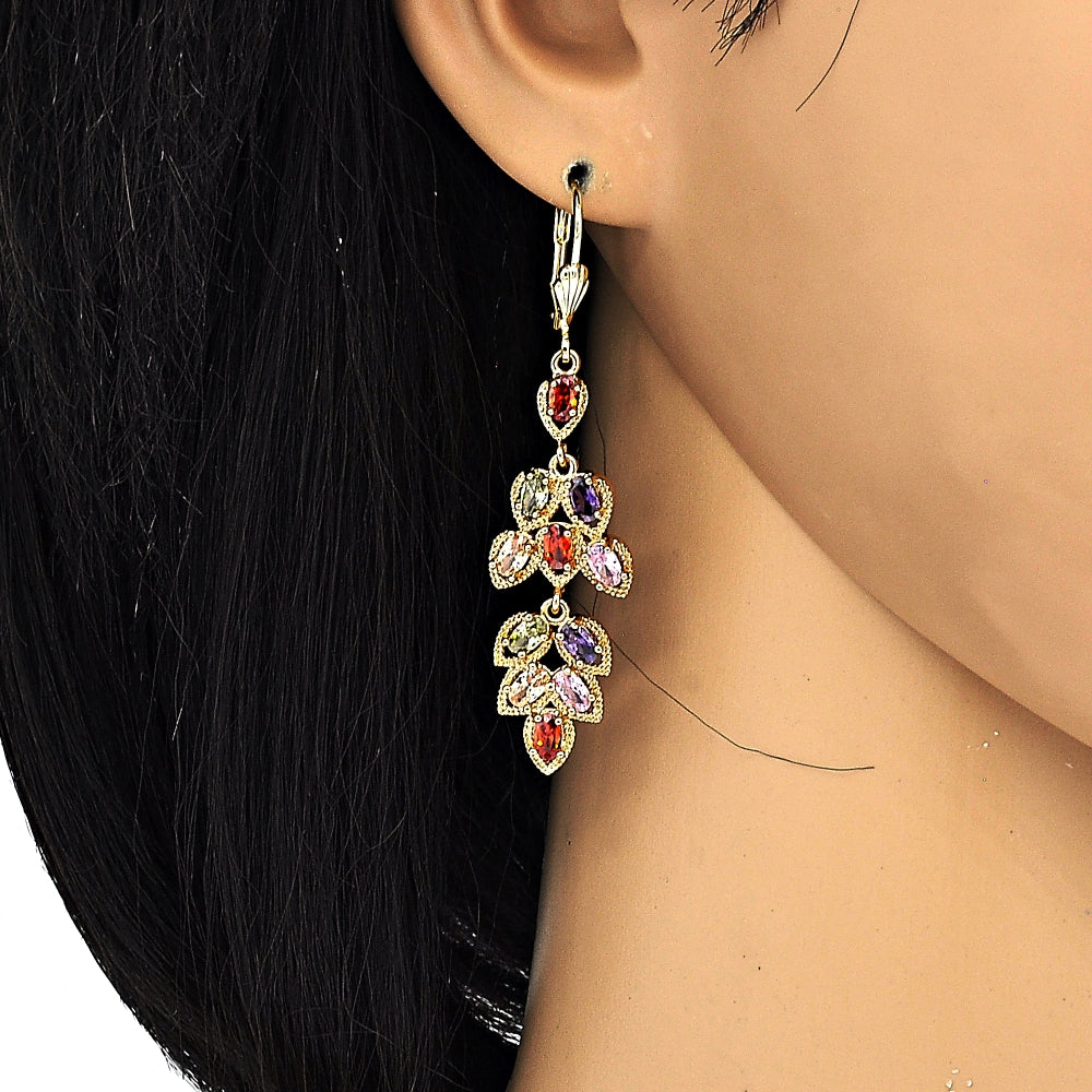 Oro Laminado Long Earring, Gold Filled Style Leaf Design, with Multicolor Cubic Zirconia, Polished, Golden Finish