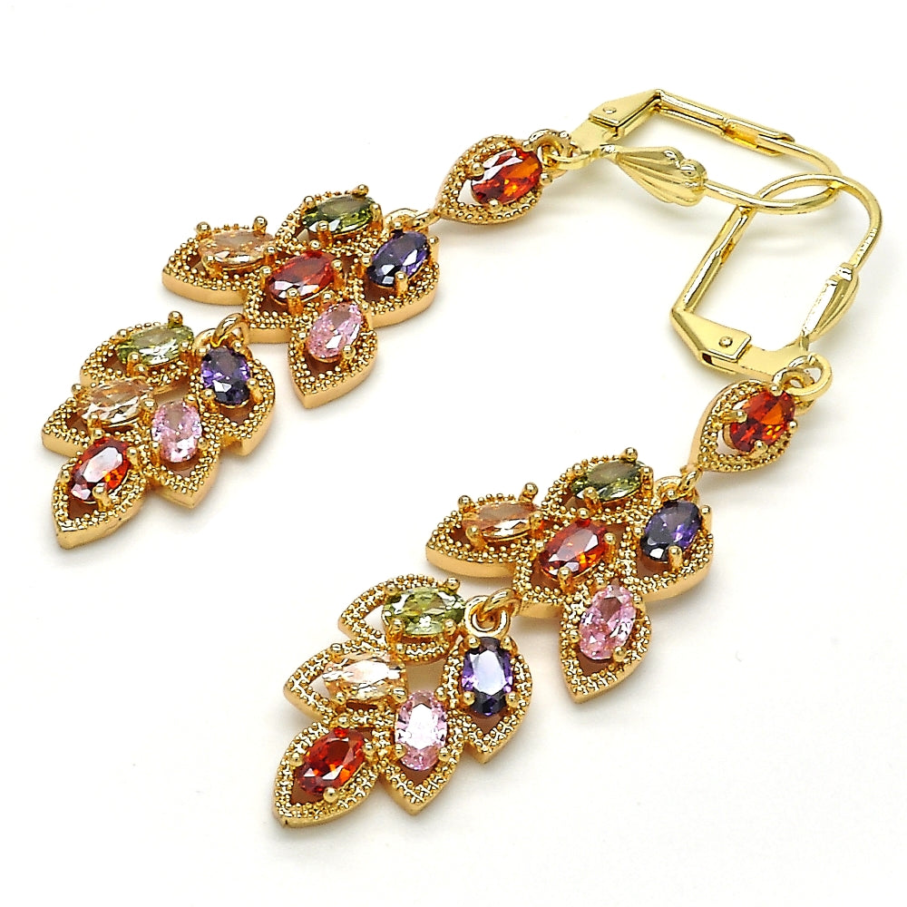 Oro Laminado Long Earring, Gold Filled Style Leaf Design, with Multicolor Cubic Zirconia, Polished, Golden Finish