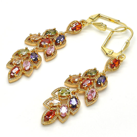 Oro Laminado Long Earring, Gold Filled Style Leaf Design, with Multicolor Cubic Zirconia, Polished, Golden Finish
