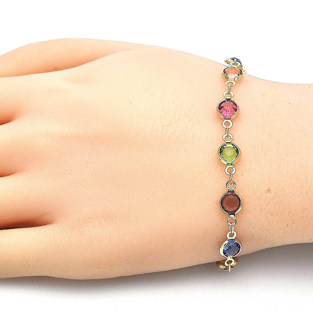 Oro Laminado Fancy Bracelet, Gold Filled Style with Multicolor Crystal, Polished, Golden Finish