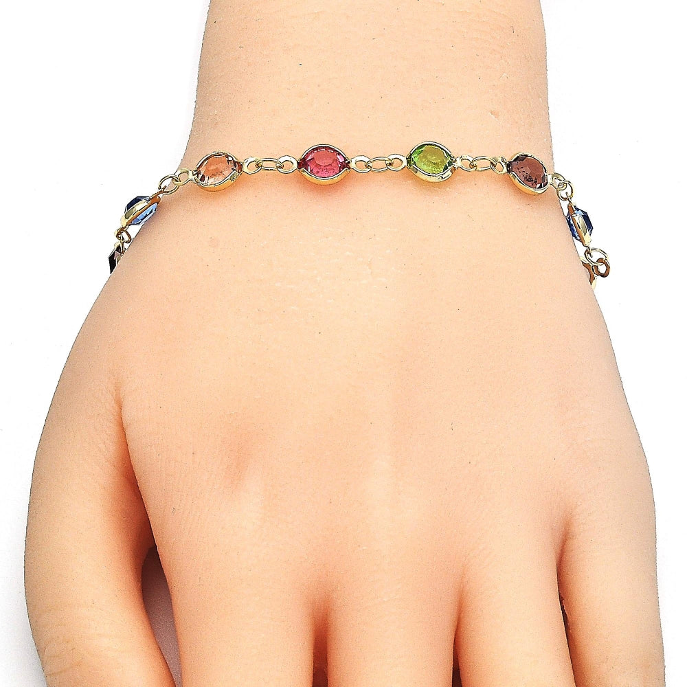 Oro Laminado Fancy Bracelet, Gold Filled Style with Multicolor Crystal, Polished, Golden Finish