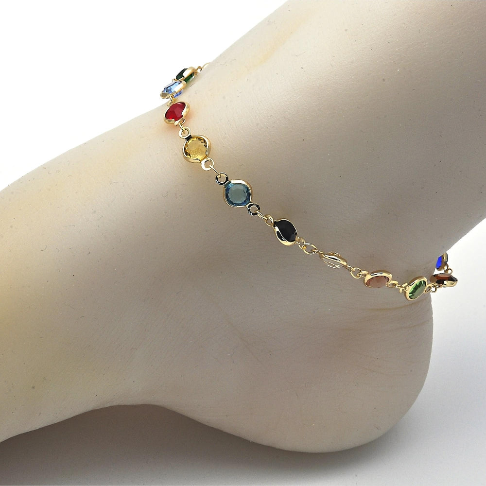 Oro Laminado Fancy Anklet, Gold Filled Style with Multicolor Crystal, Polished, Golden Finish